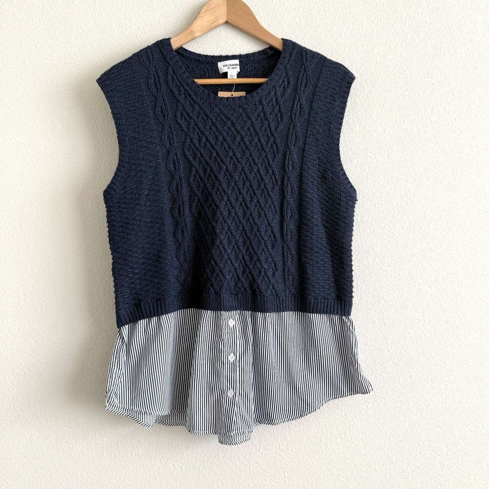 Cable Knit Sweater Vest Button Up Womens Large Blue Preppy Academia Urban NWT